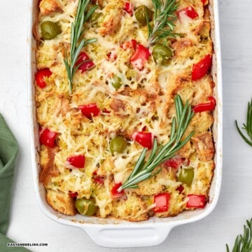 close up of savory bread pudding in a baking dish.