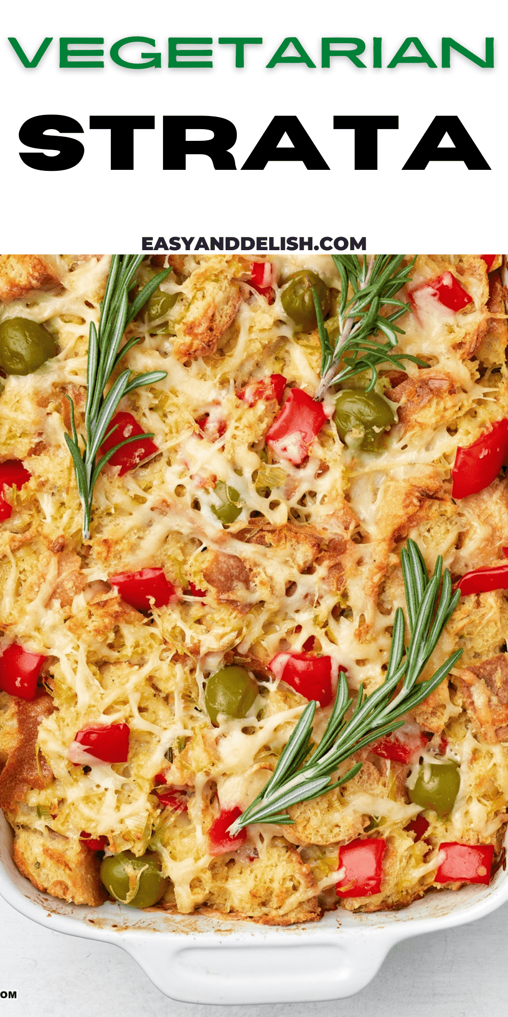 close up of vegetarian strata for breakfast or brunch garnished with roemary sprigs.