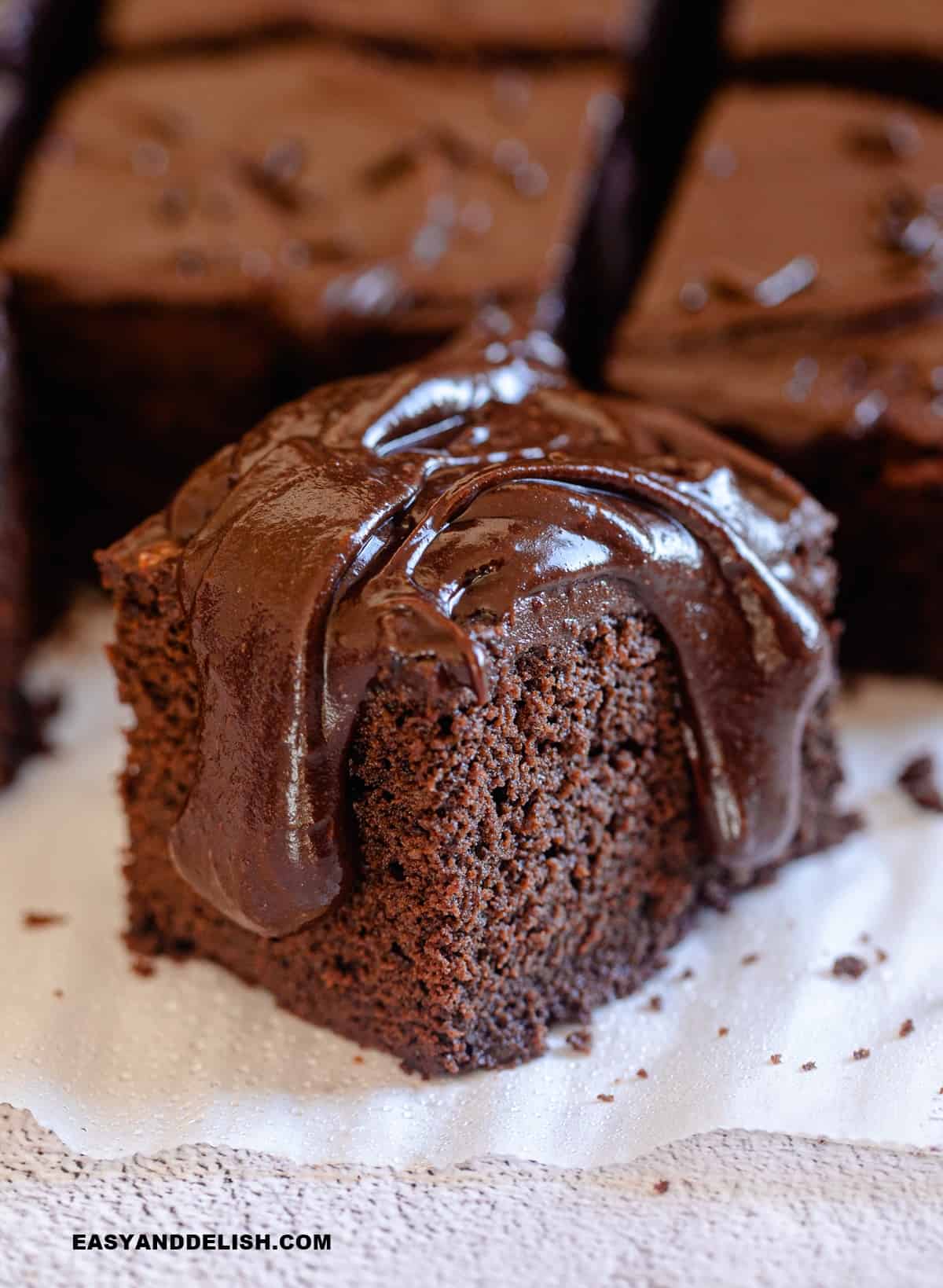 a slice of dairy-free chocolate cake topped with chocolate sauce