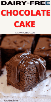 dairy free chocolate cake lice topped with chocolate sauce.