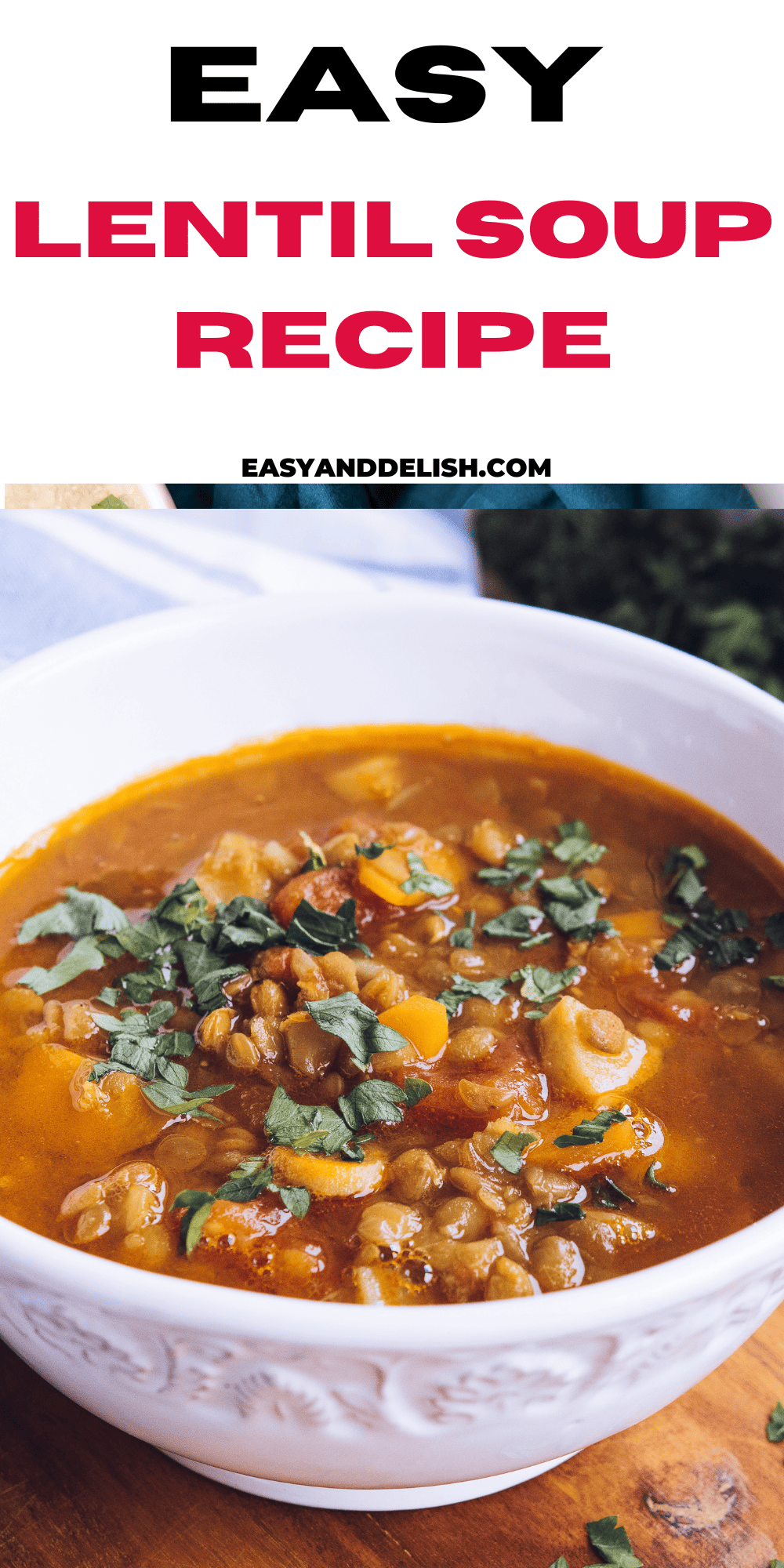 pin showing a close up image of a bowl of lentil soup.