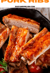 close up of a skilet full of oven baked pork ribs.