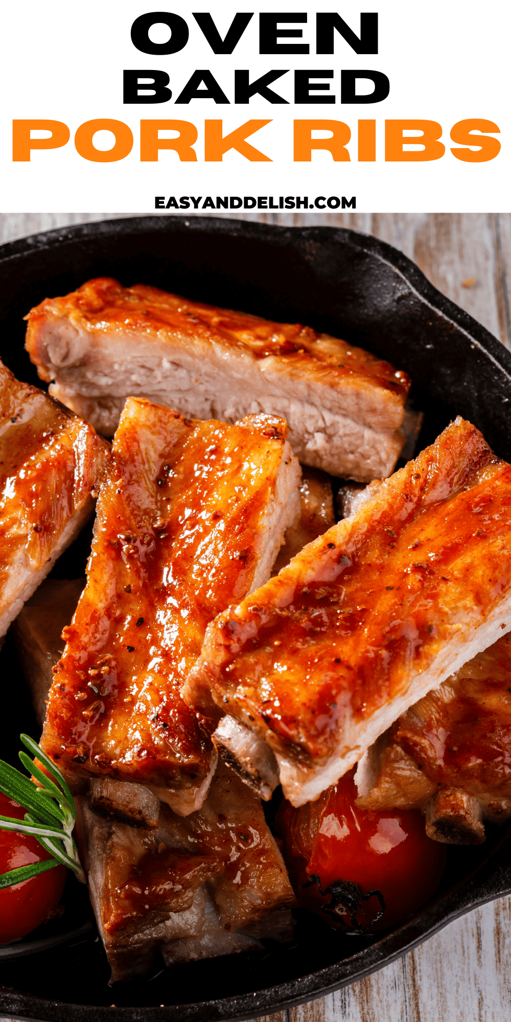 close up of a skilet full of oven baked pork ribs.