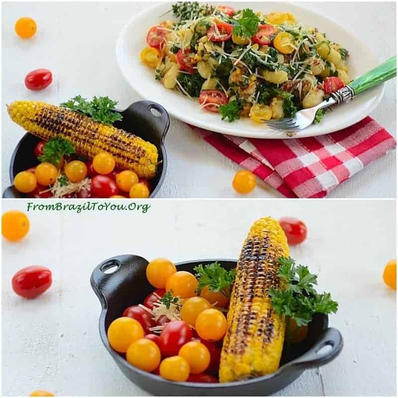montage of Gnocchi and grilled corn in a bowl with tomatoes