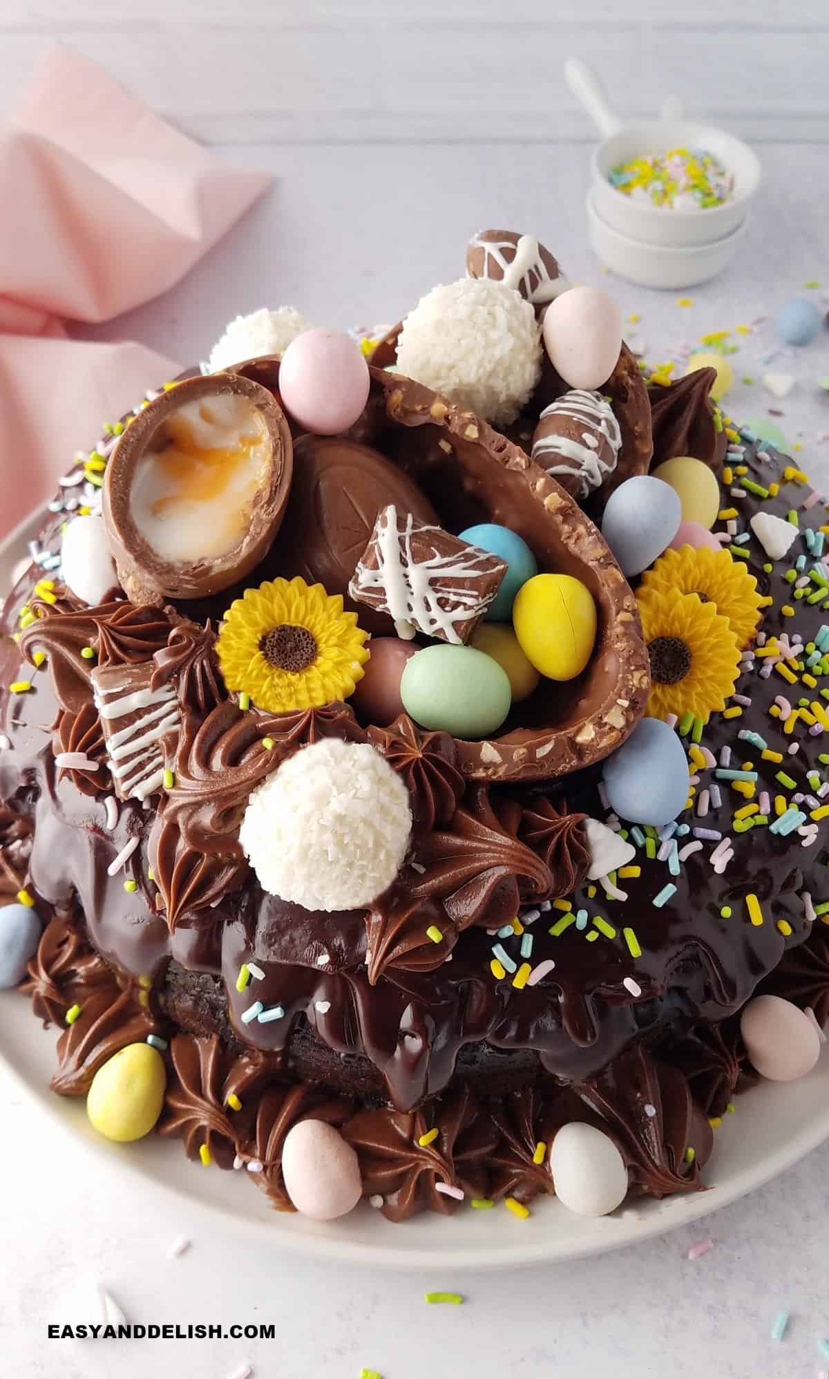 frontal close up of sour cream chocolate bundt cake for Easter. 