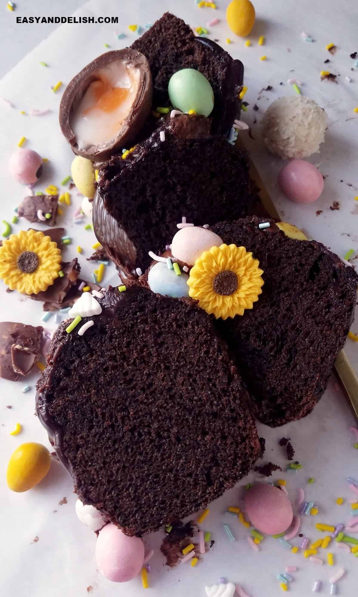 several slices of Chocolate Easter bundt cake with decorations on top.