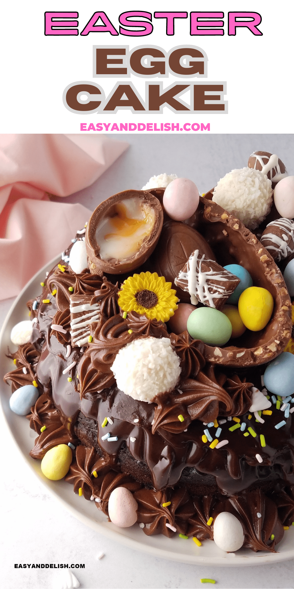 pin showing close up of half of an Easter egg cake.