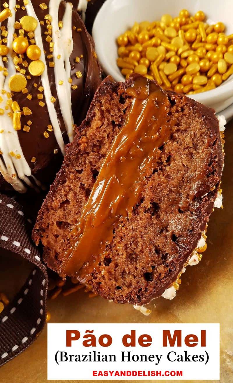 close up of halved gingerbread loaf filled with dulce de leche