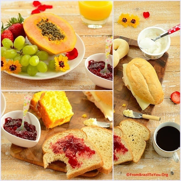 montage of Brazilian Breakfast items including fruit, breads, requeijao, and coffee