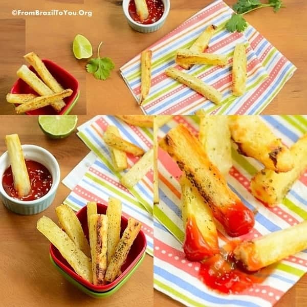 Cassava Fries collage showing them dipped in Ketchup.