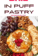 pin showing a platter with baked brie in puff pastry sorrounded by crackers, nuts, and fruits.