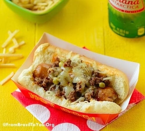 Cachorro quente, Brazilian hot dogs topped with ground beef cheese, and peas