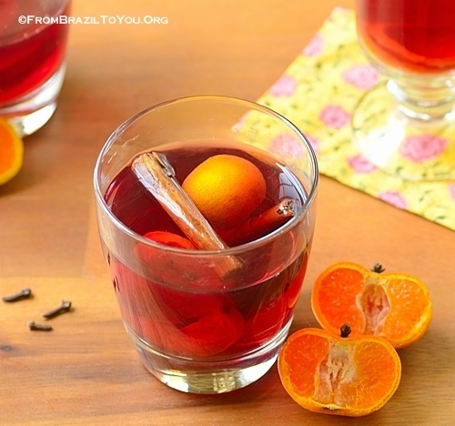 Quentão de Vinho (Brazilian Mulled Wine) -- An aromatic beverage made from red wine, ginger, orange, and spices.