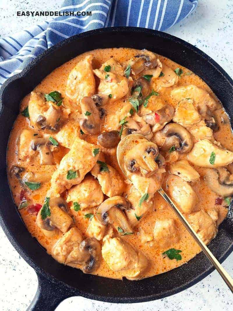chicken stroganoff in a pan with a spoon in the center