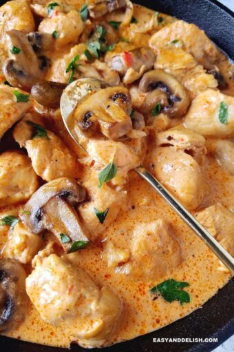 close up image of Brazilian chicken stroganoff in a pan