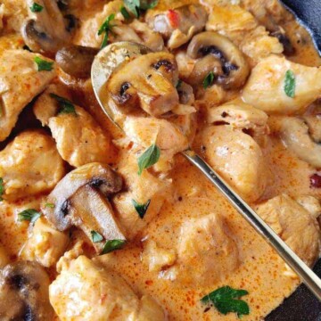 close up image of Brazilian chicken stroganoff in a pan