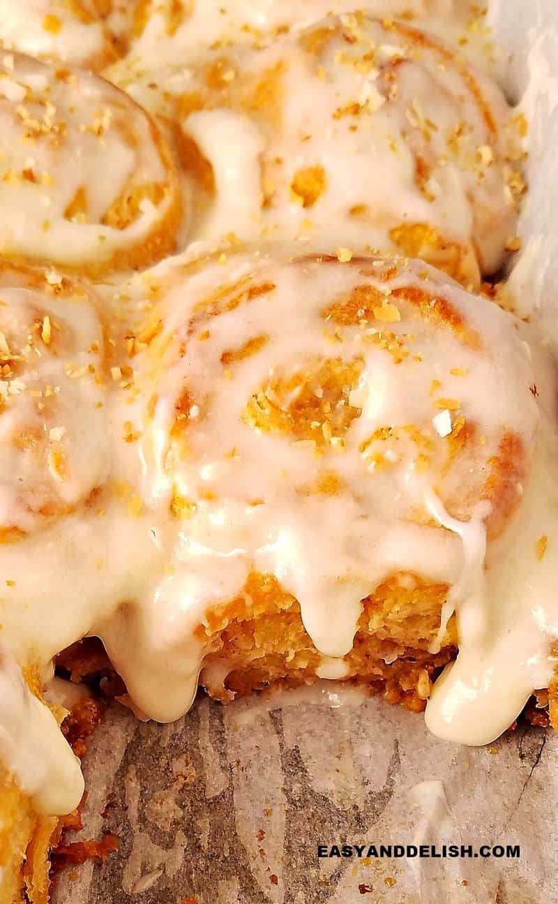 close up of frosting coming down a bread