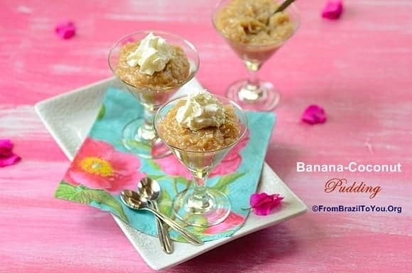 Three glasses filled with banana coconut pudding and topped with whipped cream