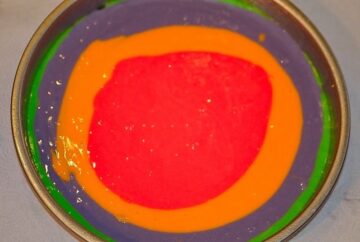 Colored cake batter in a bullseye pattern to make rainbow butterfly cake