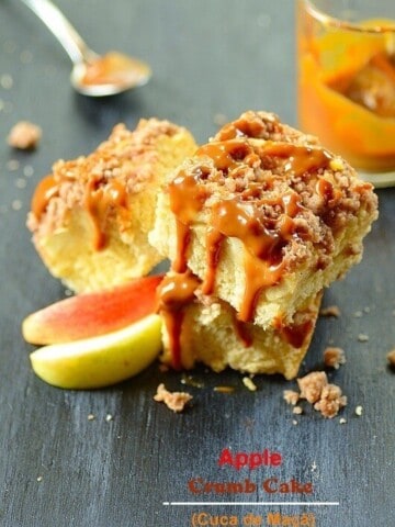slices of apple crumb cake with dulce de leche on top