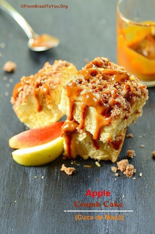 slices of apple crumb cake with dulce de leche on top