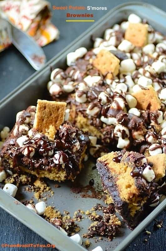 Sweet Potato-S'mores Brownies in a baking pan 