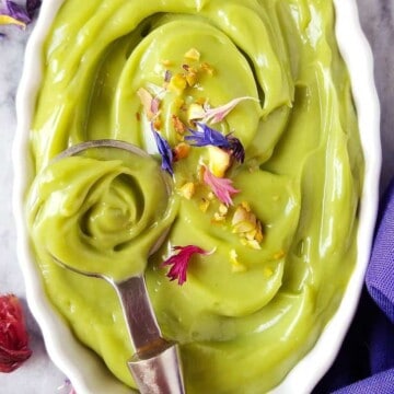 close up of avocado mousse being spooned
