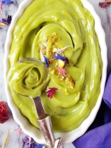 close up of avocado mousse being spooned