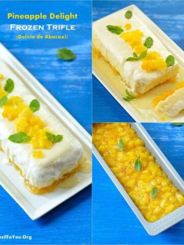 collage of pineapple delight served frozen, both whole and sliced with layers of pineapple compote, pastry cream, and chantilly cream.