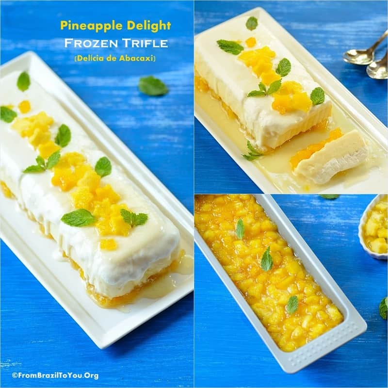 collage of pineapple delight served frozen, both whole and sliced with layers of pineapple compote, pastry cream, and chantilly cream.
