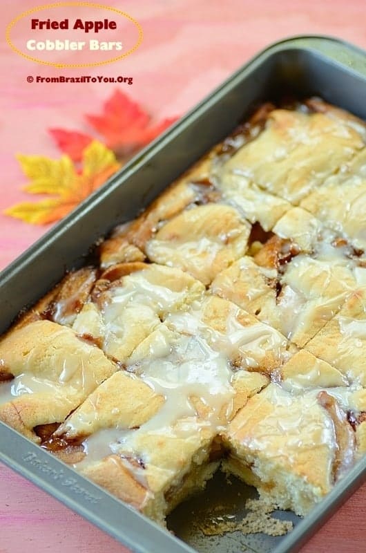 Fried Apple Cobbler Bars slice din a baking pan