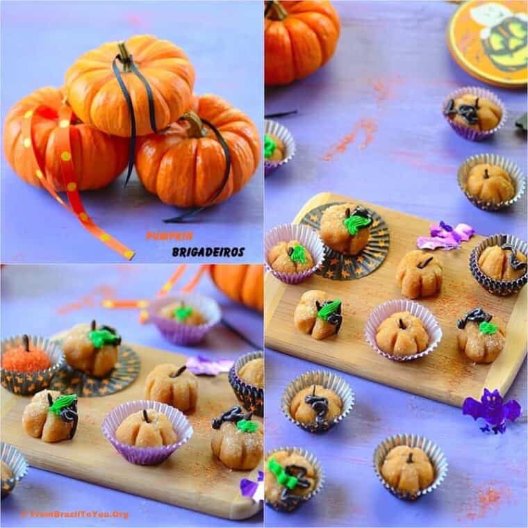 Three combined images showing Pumpkin Brigadeiros displayed in a tray.