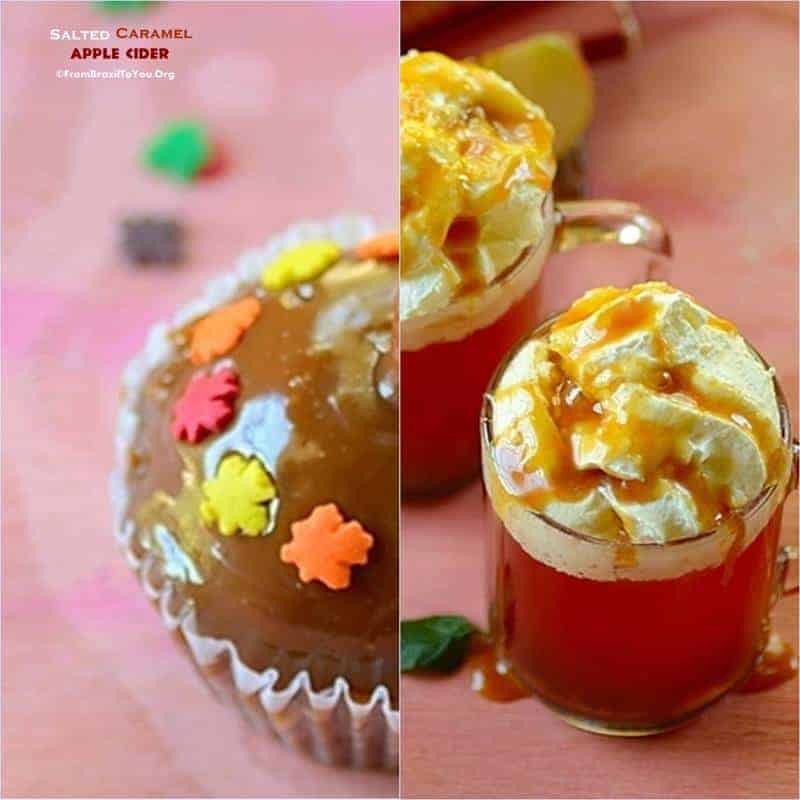 two image collage showing salted caramel apple and also 2 cups of Caramel Apple Cider
