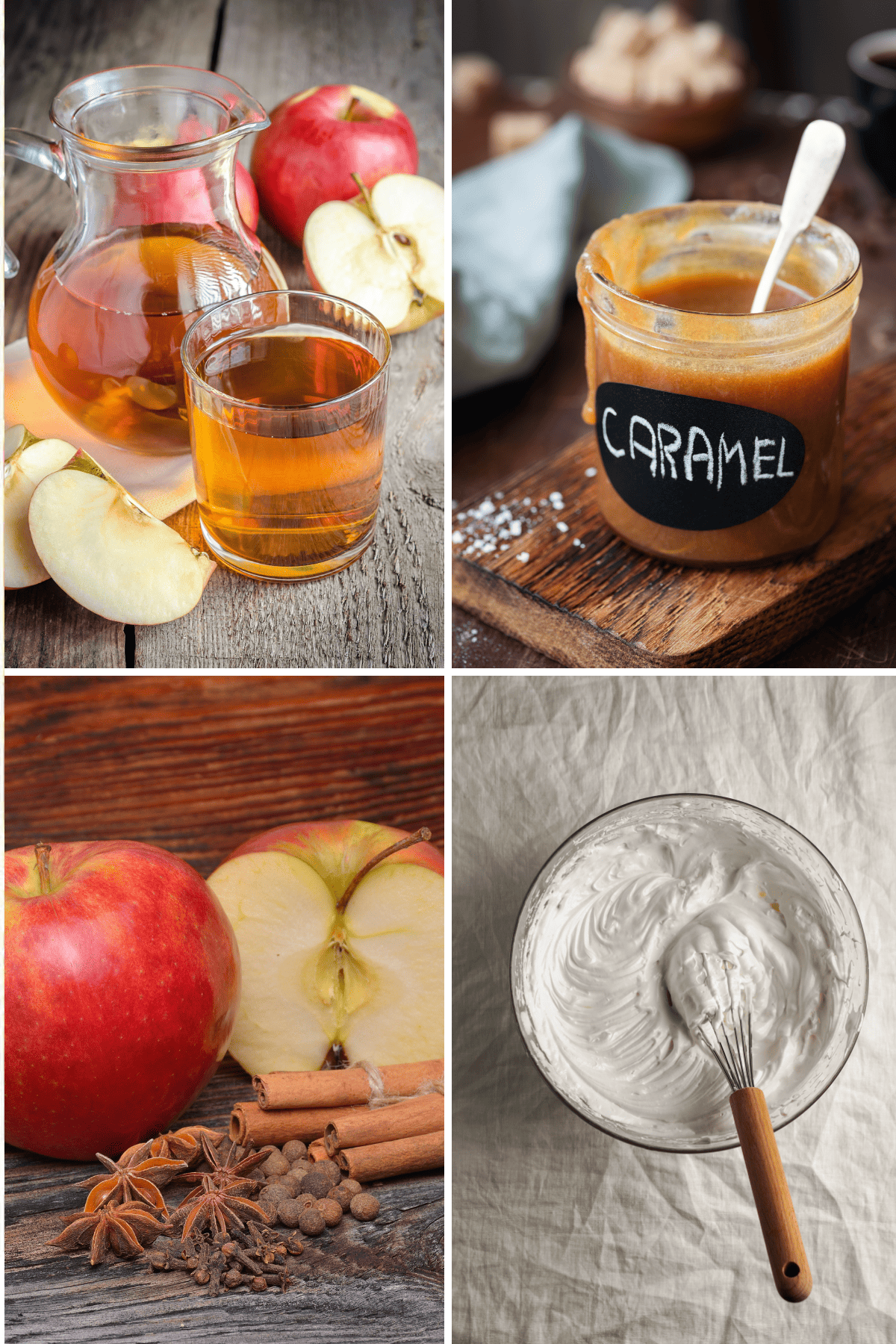 ingredients on a table: spices, apple juice, whipped cream, and caramel sauce with flaked salt.