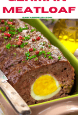 close up image showing German meatloaf ina baking dish.