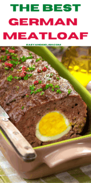 close up image showing German meatloaf ina baking dish.