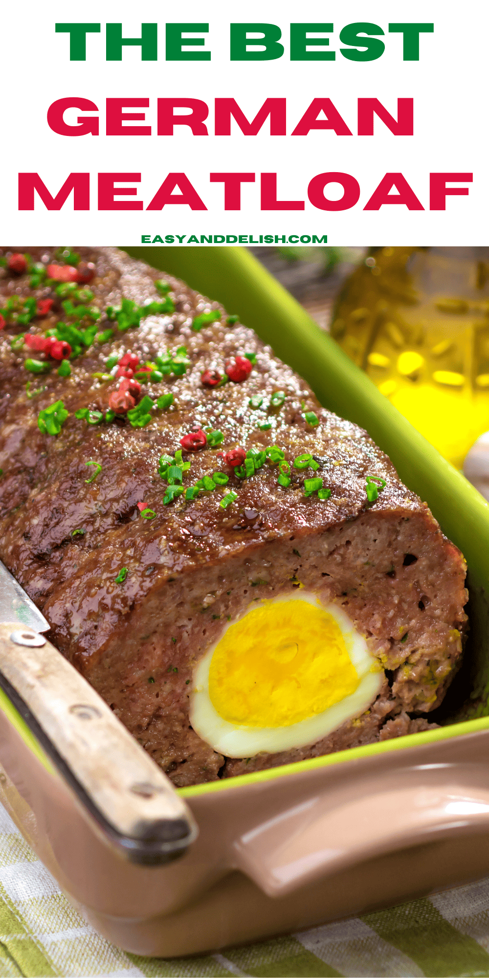 close up image showing German meatloaf ina baking dish. 