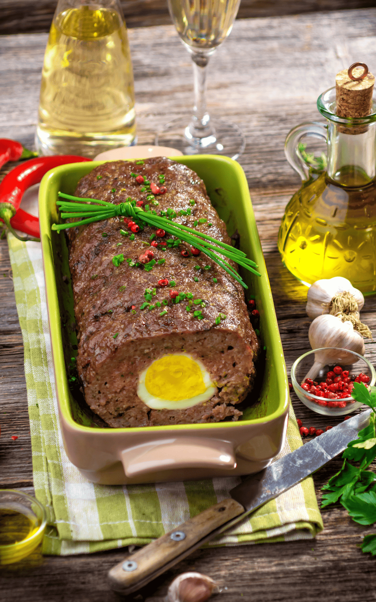 Meatloaf with hard-boiled egg in abaking dish topped with chives and surrounded by garnishes and wine.