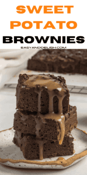 a pile of caramel drizzled sweet potato brownies.