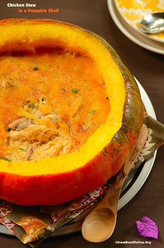 close up of Chicken Stew in a Pumpkin 