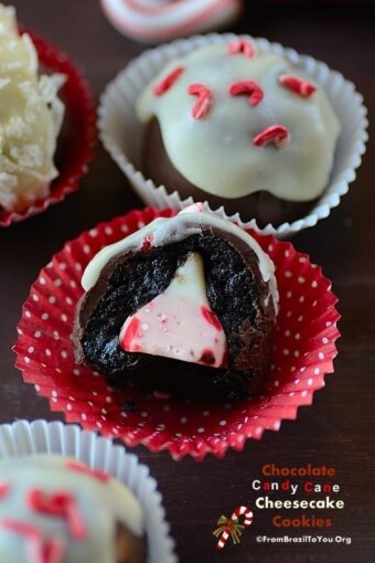 chocolate candy cane cheesecake cookies in bonbon cups