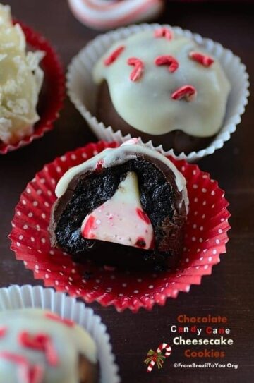 chocolate candy cane cheesecake cookies in bonbon cups