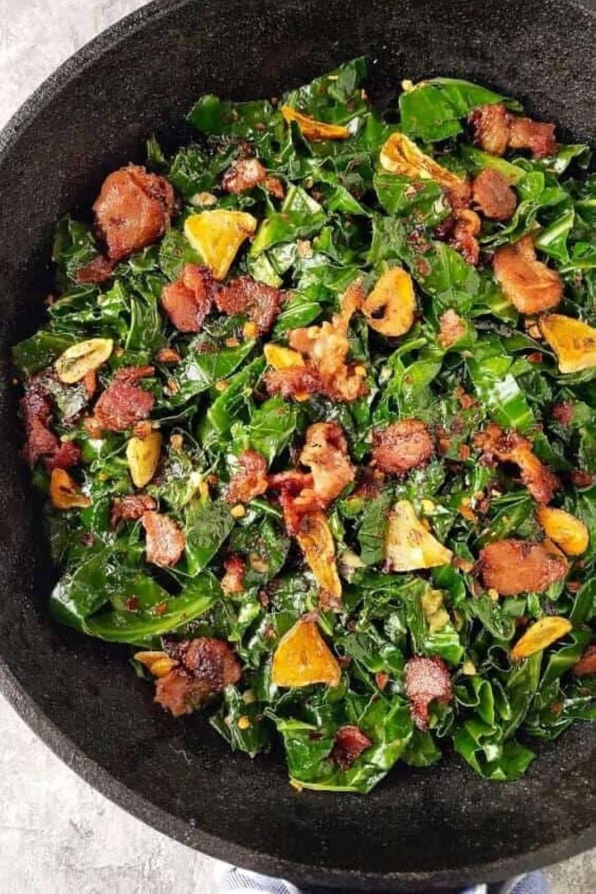 Fried Collard Greens,  thinly sliced, sautéed collard greens with garlic and sometimes bacon. 