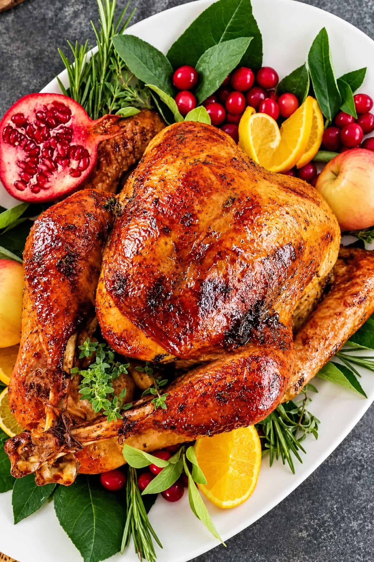 Brined whole turkey roasted until golden brown and garnished with fresh herbs, cranberries, and citrus.