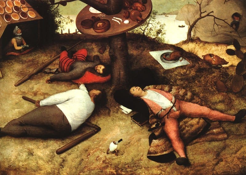 A scholar, a peasant and a knight under a tree in the Land of Plenty. Pieter Bruegel the Elder -- The Land of Cockaygne, 1567