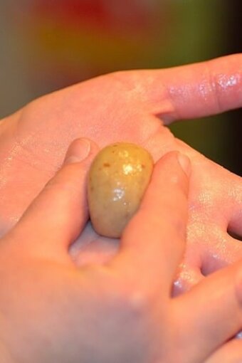 ball of dough held in the palm of one hand and slightly pinched between 2 fingers of the other hand