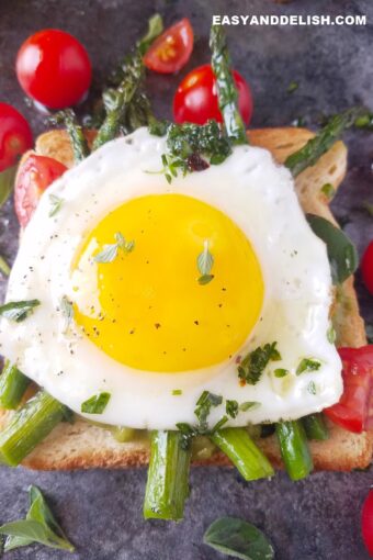 Close up of sunny-side up eggs on a toast.