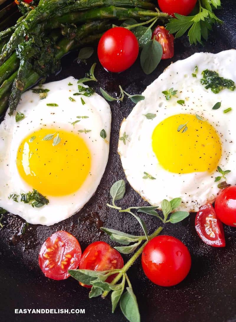 Savory Breakfast with veggies in a skillet.