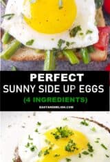 two collage images showing side side up eggs over toast