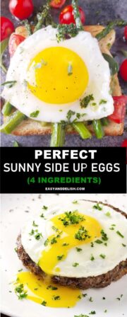 two collage images showing side side up eggs over toast